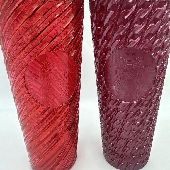 NEW Starbucks Lot Of 2 2024 Magenta, Red Swirl Stripe Venti Tumbler 24oz New - Picture 2 of 5